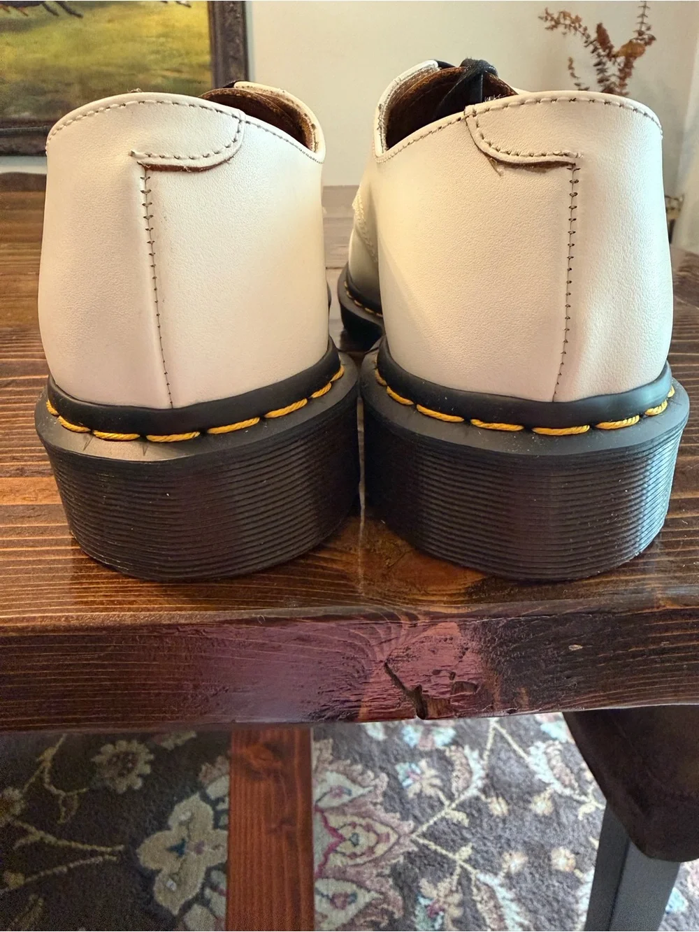 Dr. Martens White Leather 5-Eye Derby Shoes with Yellow Stitching